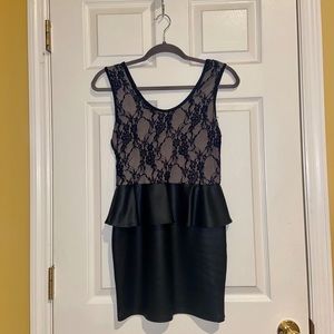 Lace and Faux Leather Mini Bodycon Peplum Dress